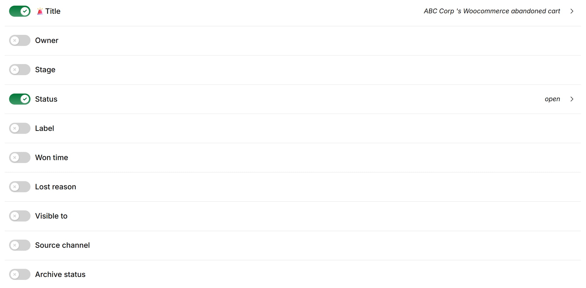 Screenshot: default Abandoned cart fields