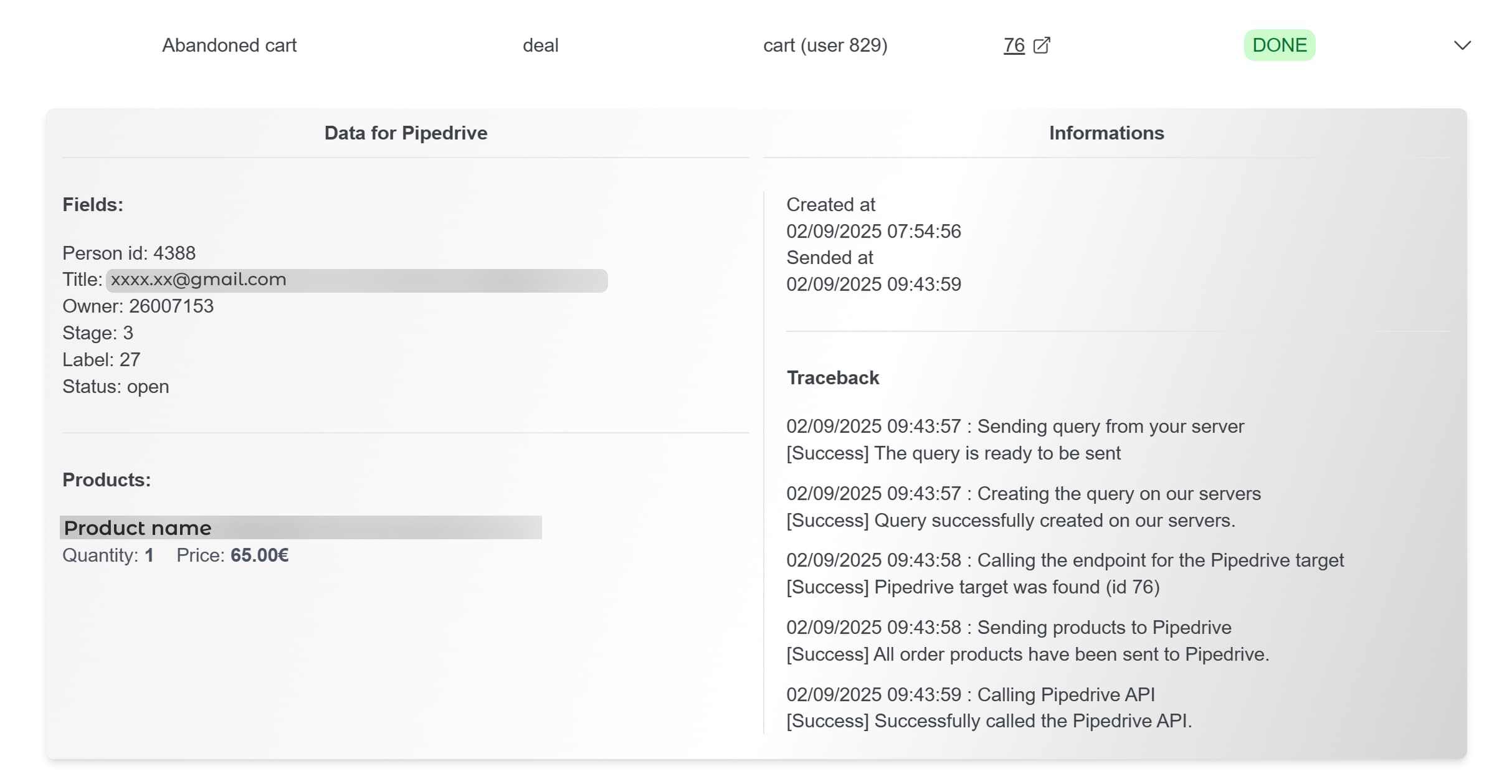 Screenshot: Abandoned cart history example