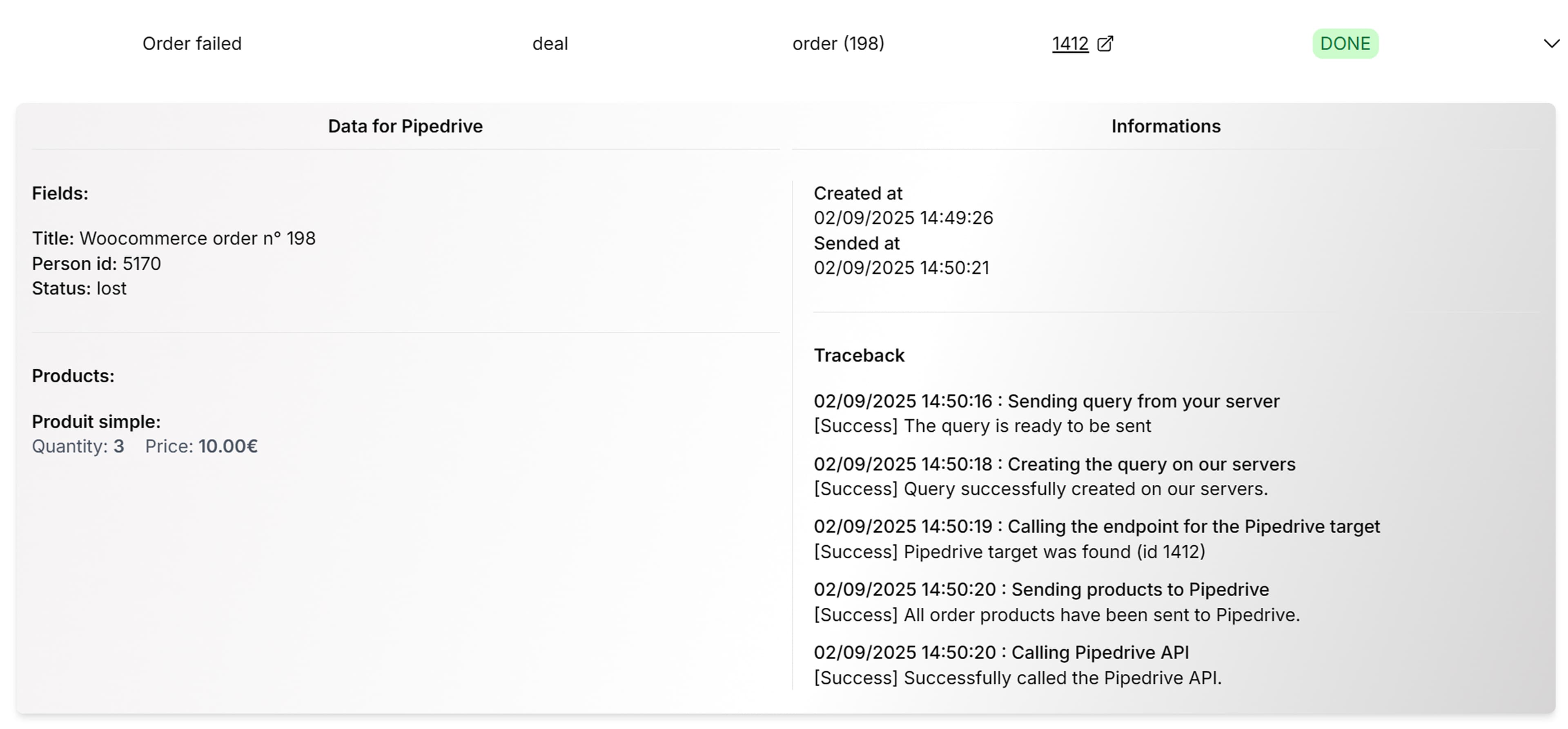Screenshot: Failed order history example