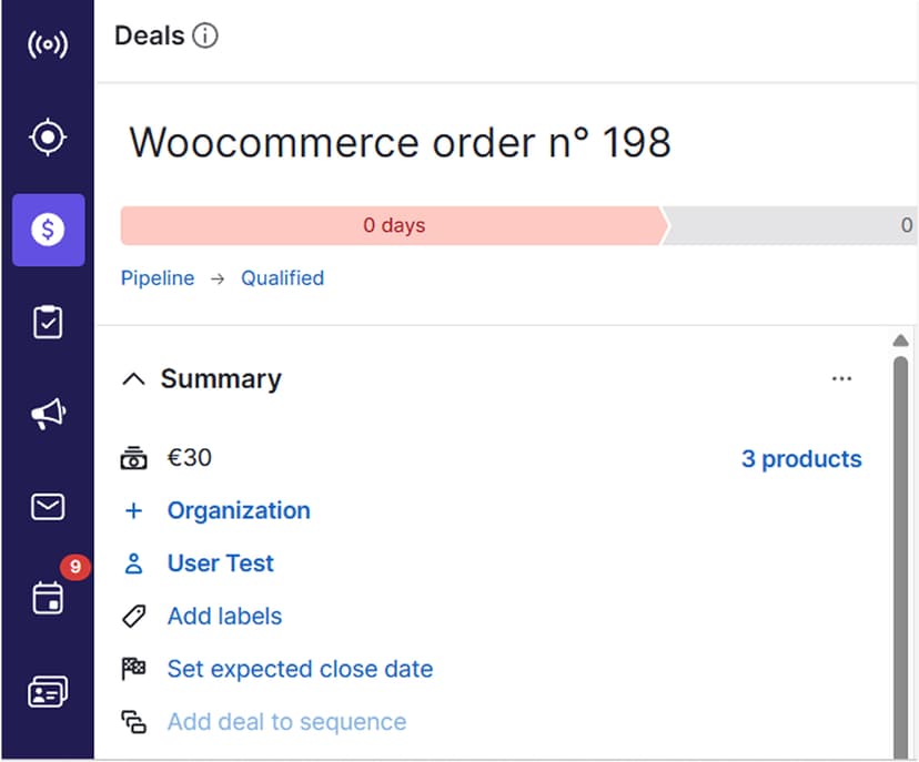 Screenshot: Failed order pipedrive deal example