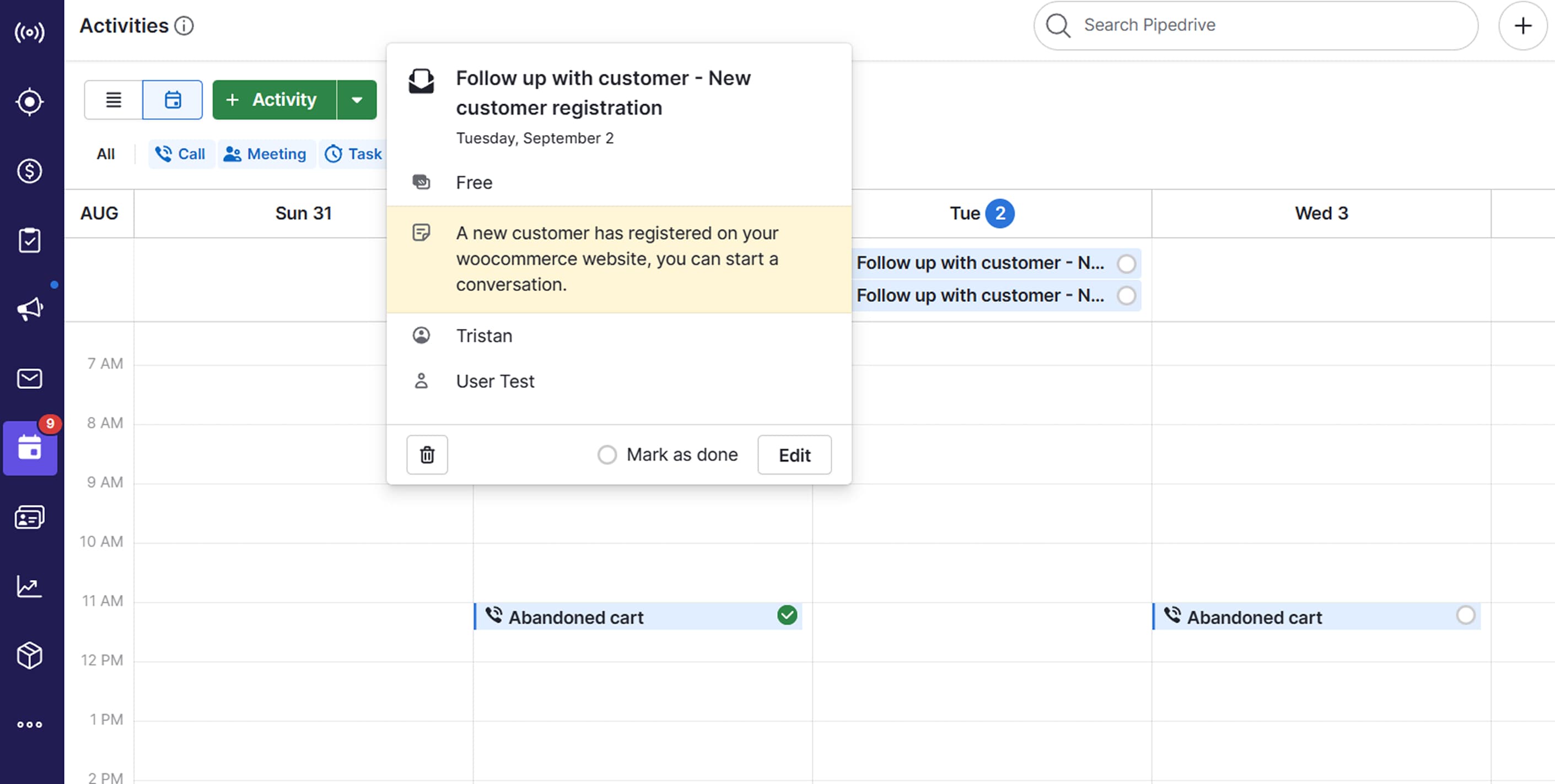 Screenshot: Pipedrive activity example