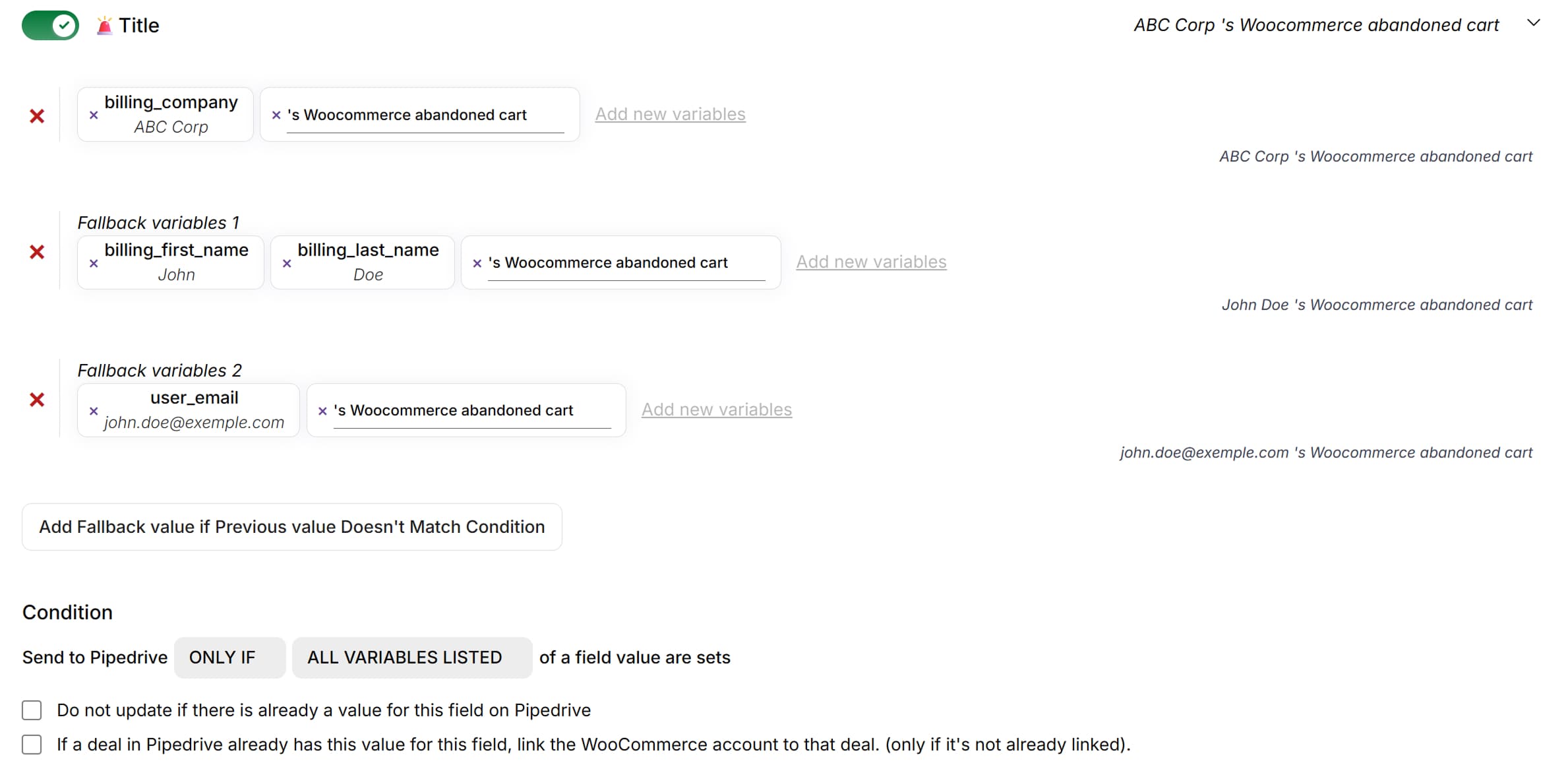 Screenshot: Abandoned cart title settings